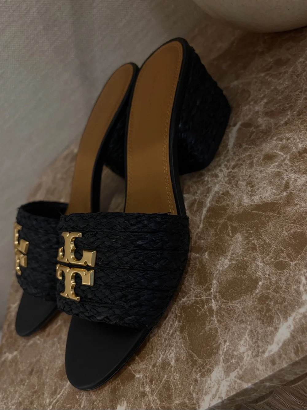 Tory Burch Black Raffia Slide Mules with Gold Logo